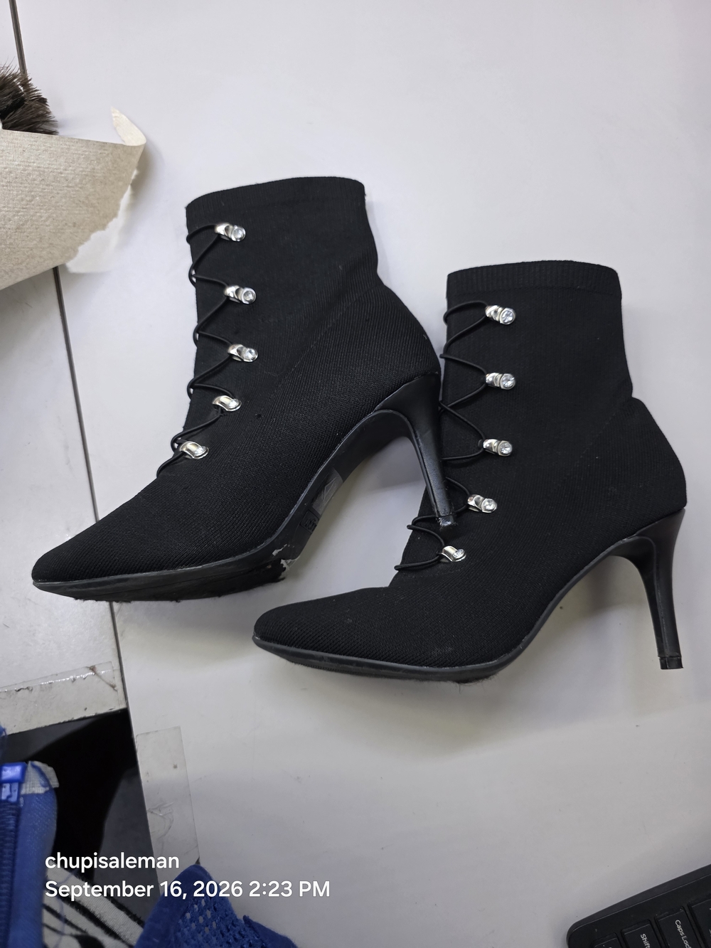Sugar Black Stretch Knit Ankle Heeled Boots with Silver-Tone Eyelets